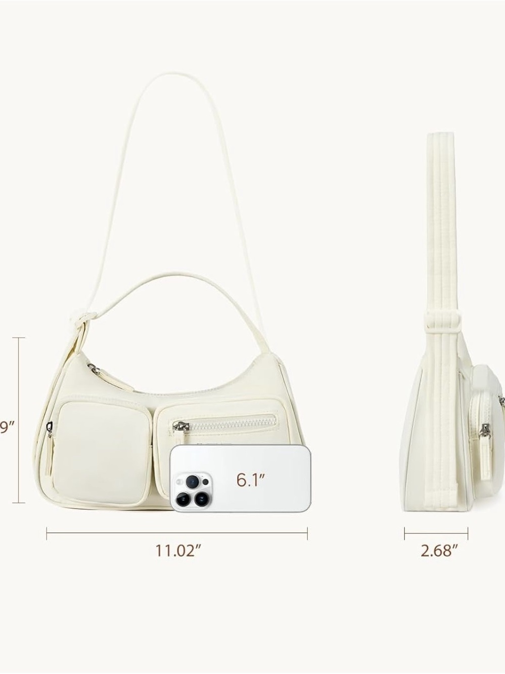 Compact Cream Shoulder Bag with Front Zip Pockets - Picture 3 of 3